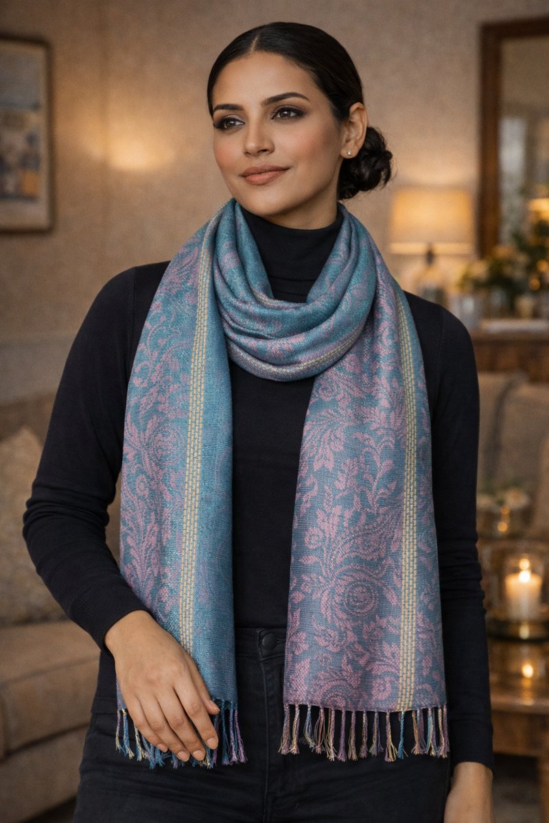 Pashmina Sjaal – Stijlvolle Sjaal Dames Zachte – Dames Sjaal met Paisley Motief – Twee‑Kleurige Elegante Herfst Winter Sjaal- Fashion Sjawl – Fijn geweven Pareo Omslagdoek 207/1- Groen met mix roze details