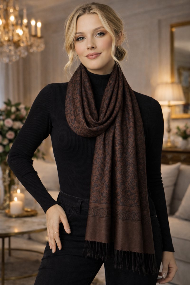 Pashmina Sjaal – Zachte Dames Sjaal met Paisley Motief – Warme Elegante Sjaal met Franjes – Stijlvolle herfst winter dames Sjaal- Fijn geweven trendy Sjaal Omslagdoek 210/8- Bruin