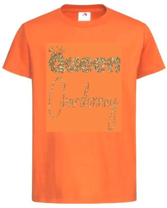 T-shirt Unisex Volwassenen "Queen Chardonnay" Op Voorkant EK WK Voetbal Europees Wereld Wereld Kampioen Kampioenschap Oranje Koning Koningsdag | korte mouw | Oranje/Goud GLITTER | maat S
