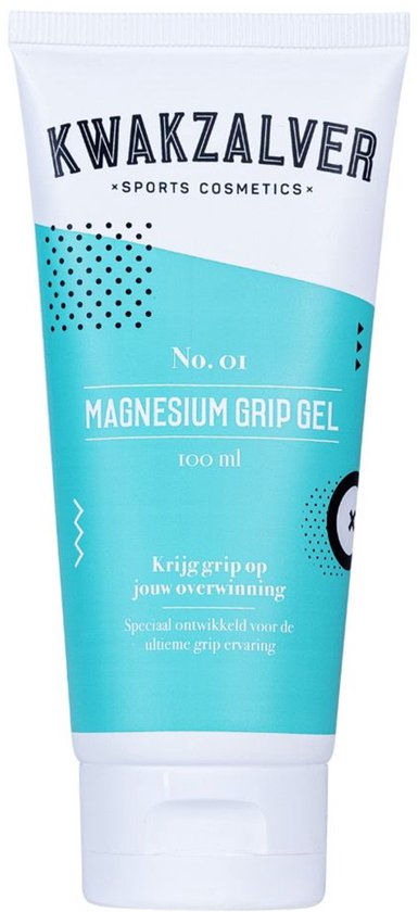 Tube "Kwakzalver No. 01 Magnesium Grip Gel" 100ml, turquoise en witte opdruk, op witte achtergrond.