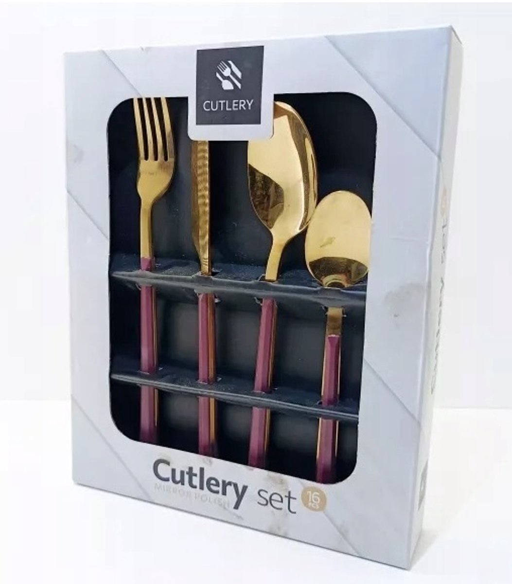 Stijlvol 16 delige gouden bestek set met paars handvat