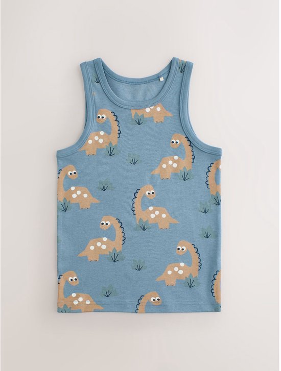 Lichtblauwe tanktop met een print van bruine dinosaurussen en groene struikjes.