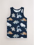 Donkerblauwe tanktop met een all-over print van verschillende dinosaurussen.