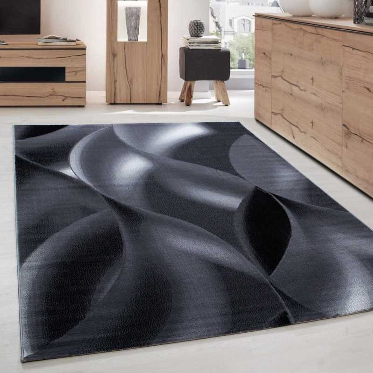 TapisTrend Designer tapijt Zwart 200x290 cm Modern design vloerkleed voor de woonkamer met korte pool en golvend patroon
