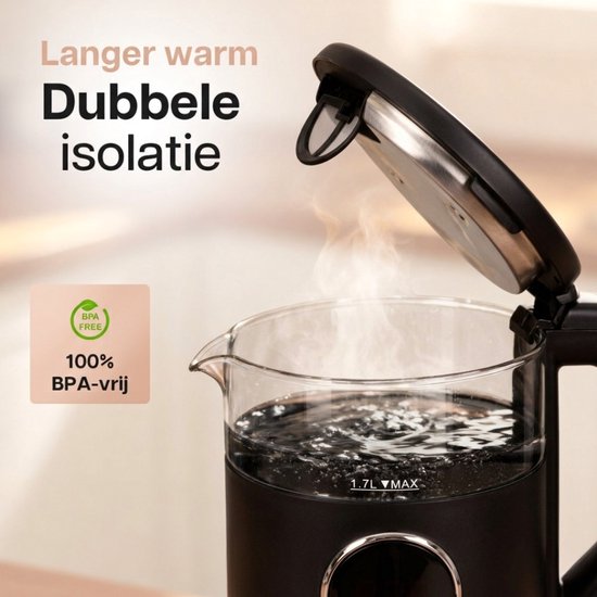 Kokend water in de zwarte waterkoker met glazen kan, met dubbele isolatie en BPA-vrij label.