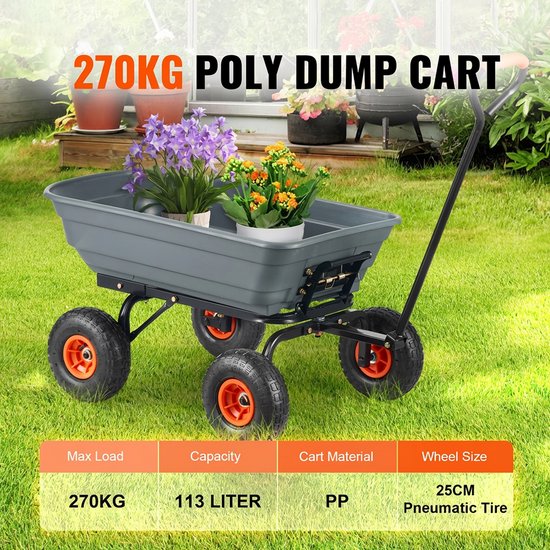 WEVERO Tuinwagen 270 kg - Tuinkar - Kantelbak - 4 Wielen - Grijs - Tuinruimers - Transportkar - Tuin - Oprit en Tuinwerk — afbeelding 2