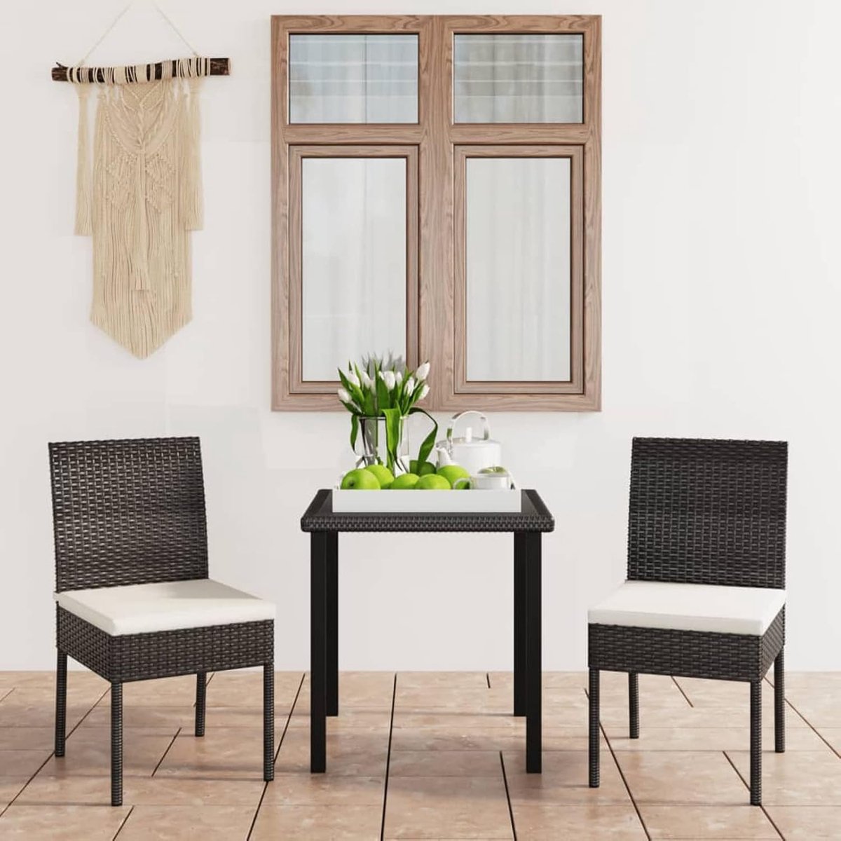 Luxe 3-delige Poly Rattan Tuinset Dining Compact – Eettafel met Stoelen voor Balkon & Terras – Weerbestendige Outdoor Loungeset Zwart