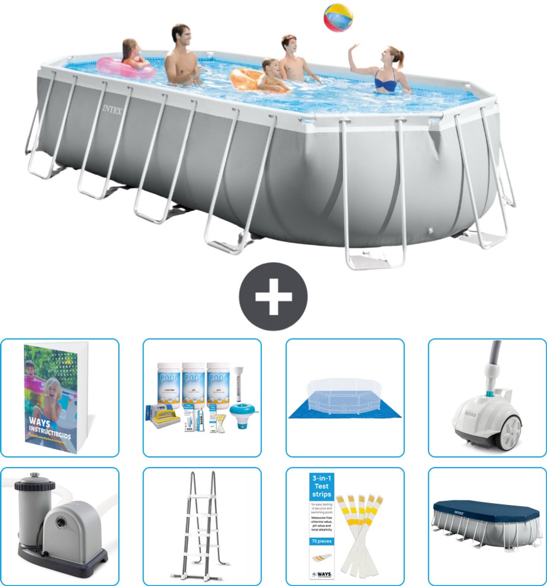 Intex Ovaal Prism Frame Zwembad - 610 x 305 x 122 cm - Grijs - Inclusief Pomp - Ladder - Grondzeil - Afdekzeil - Onderhoudspakket - Stofzuiger - 9-delig