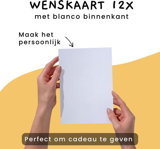 Handen houden een blanco wenskaart vast met de tekst 'Wenskaart 12X met blanco binnenkant' en 'Maak het persoonlijk'.