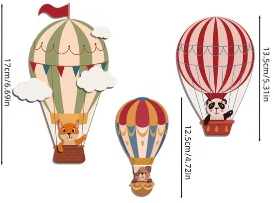 3 Houten Ballonnen met Dieren - Wand Decoratie - Babykamer - Kinderkamer - Plakstickers - Muur Deco - Interieur — afbeelding 2
