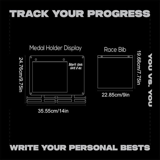 Race Bib Houder - Hardloop Display - Herinneringen Tonen - Inclusief Krijtbord - 1165 Gram Gewicht - Zwart — afbeelding 4