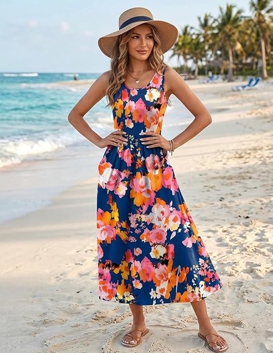 LIAMERHE Zomerjurk voor dames, lange maxi-jurk met zakken, mouwloos, ronde hals, strandjurk, boho, bloemenpatroon, vrijetijdsjurk, A-lijn, voor vakantie, party, dagelijks gebruik
