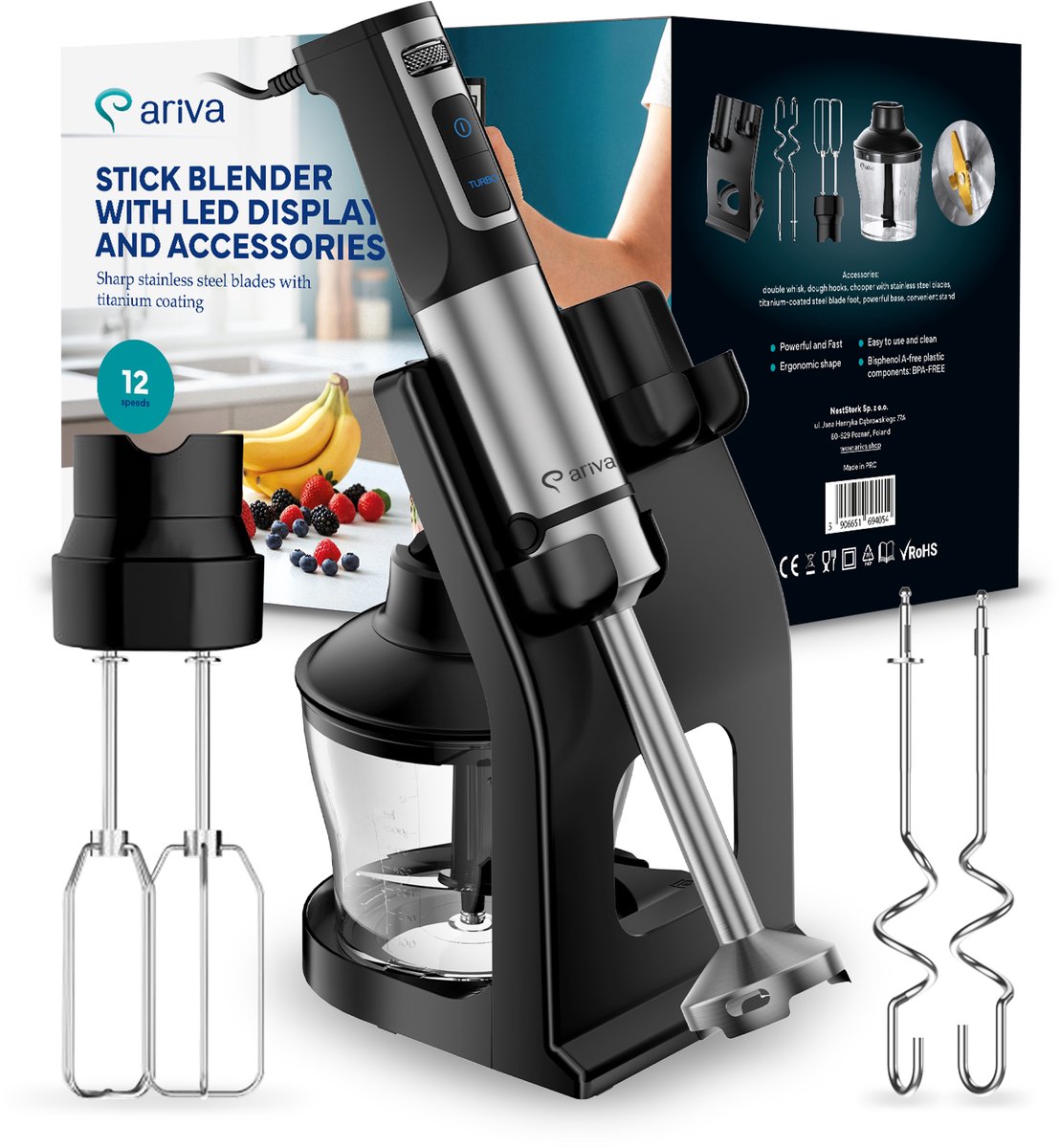 ARIVA-6 in 1-Staafmixer-Led-display-Accessoires-1500W-Mixen, hakken, kloppen-Titanium mes-0.8L-Standaard-Keukenmachine-Deeghaken-Garde