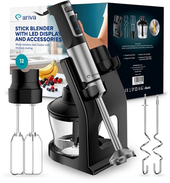 ARIVA-6 in 1-Staafmixer-Led-display-Accessoires-1500W-Mixen, hakken, kloppen-Titanium mes-0.8L-Standaard-Keukenmachine-Deeghaken-Garde