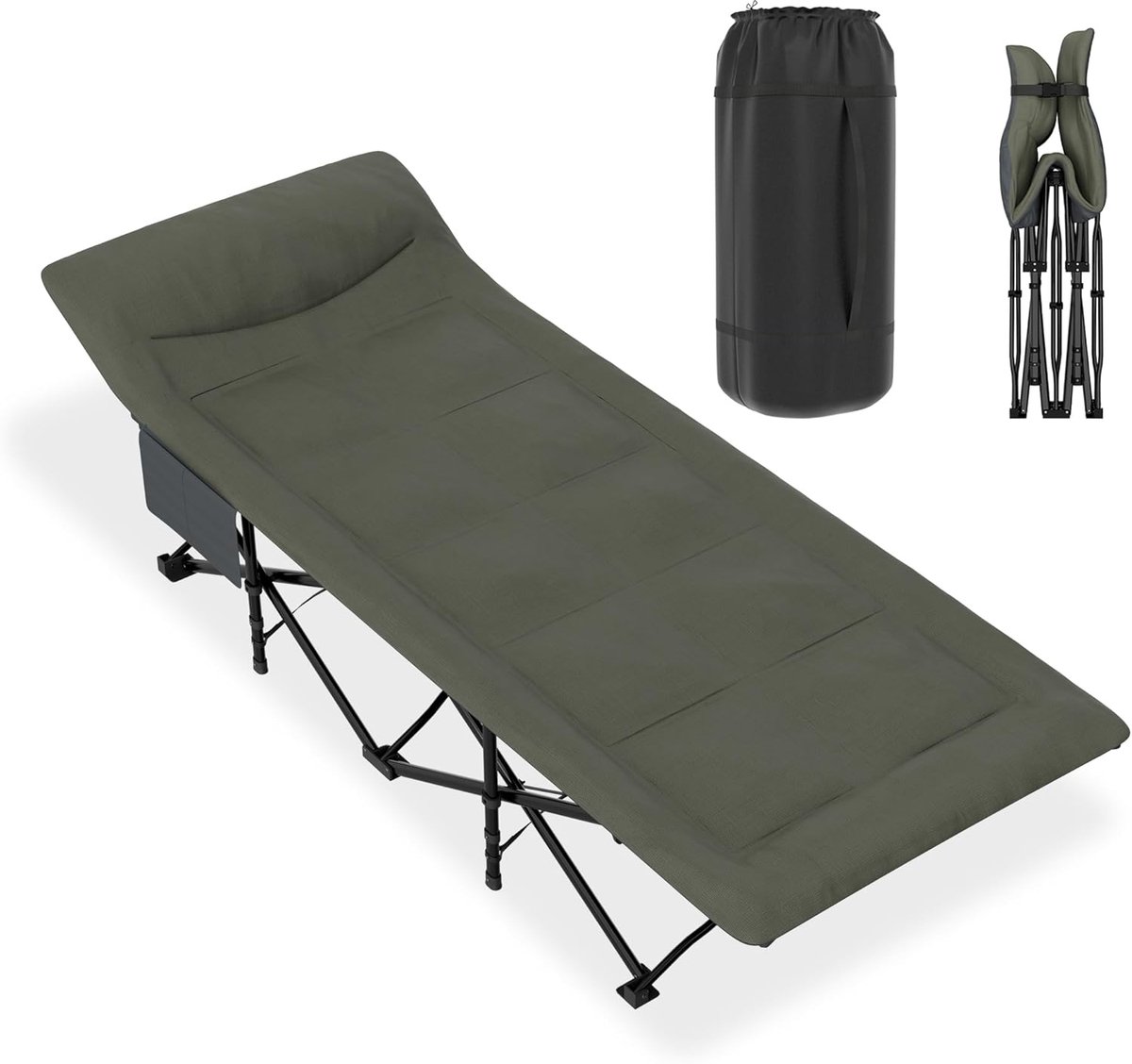 Veldbed Inklapbaar - Opklapbed Logeerbed - Kamperen Reizen - Inclusief Matras Kussen - 185 x 75 cm - Grijsgroen