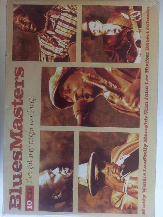 Collage met 5 portretten van bluesmuzikanten, waaronder Muddy Waters, Leadbelly, Memphis Slim, John Lee Hooker en Robert Johnson. Titel: Blues Masters: I've got my mojo working.