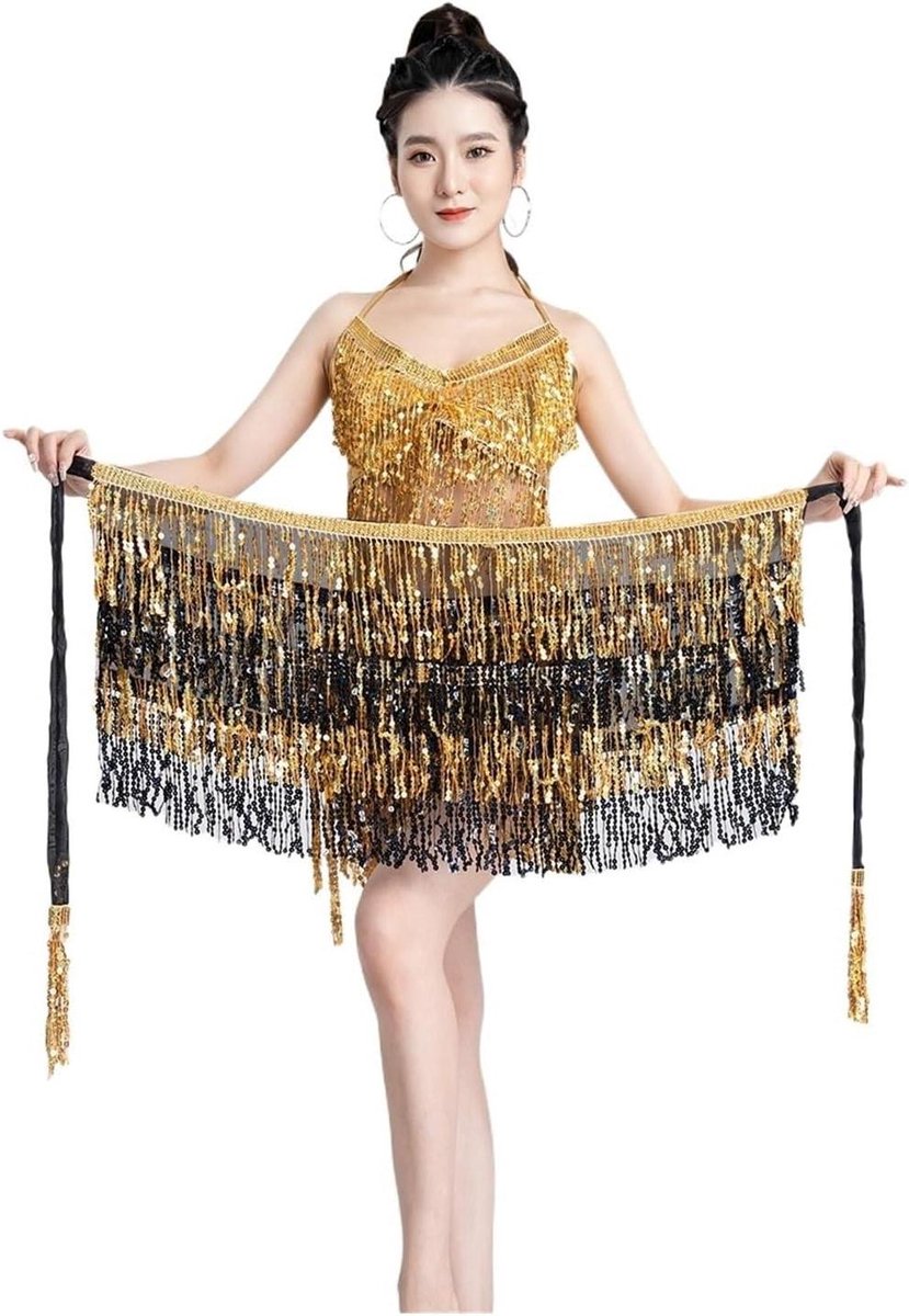 Dans Heup Sjaal - Tassel Sjaal - Dans Optredens - Glanzende Sequins - Verstelbaar - Goud Zwart