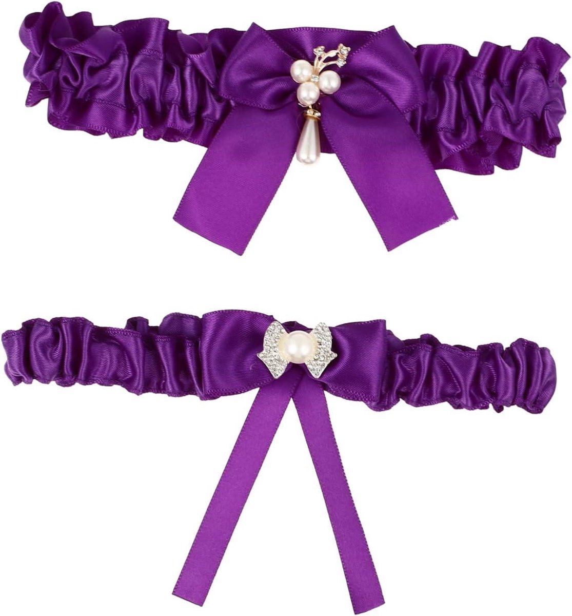 Bruiloft Kousenband Set - Bruids Accessoire - Bruiloft Versiering - Met Parels Versierd - Past Dijomtrek 64cm - Paars