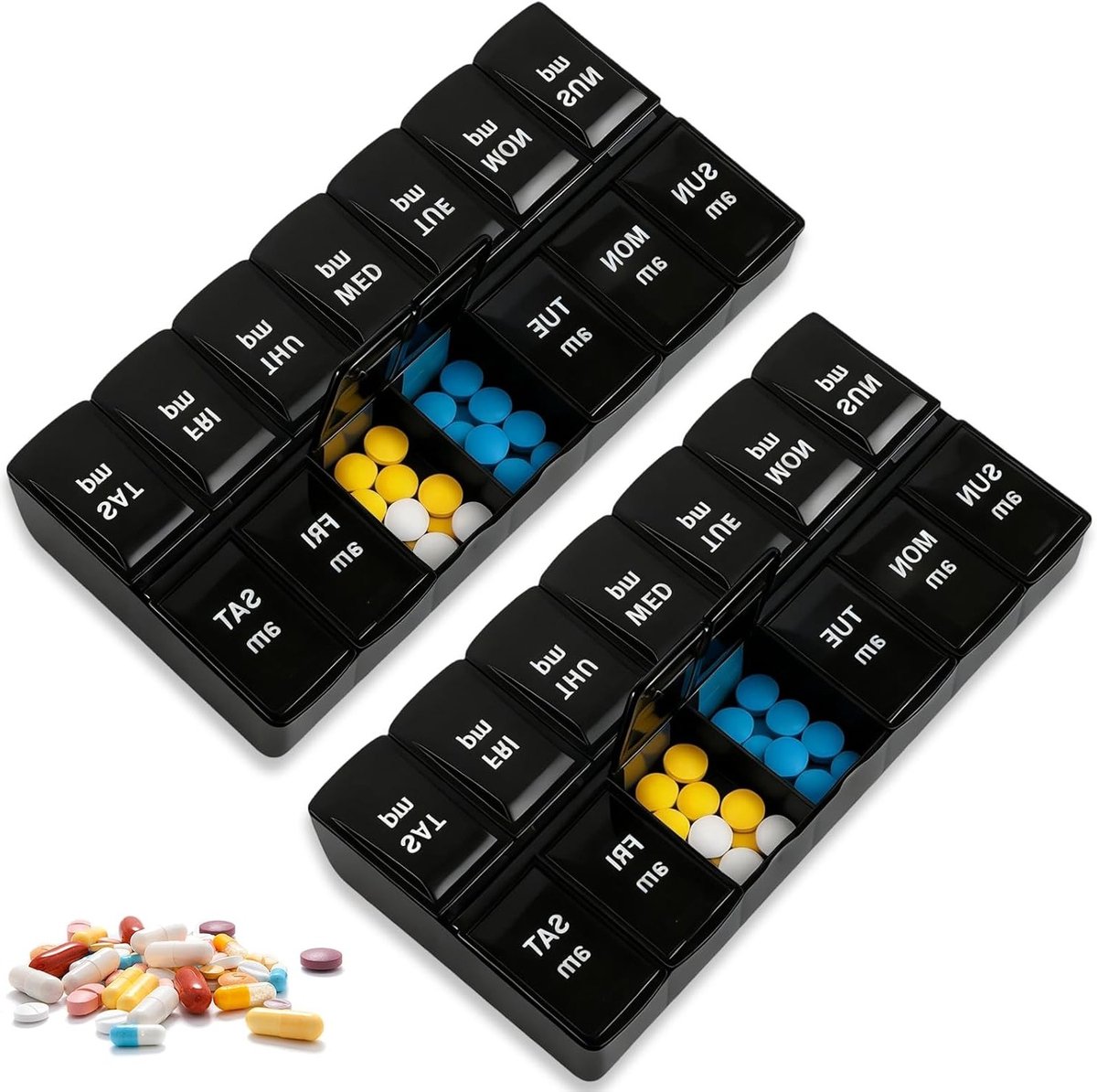 Grote pillendoos voor 7 dagen met 2 onafhankelijke vakken, ideaal voor medicijnen, vitamines en supplementen - zwart
