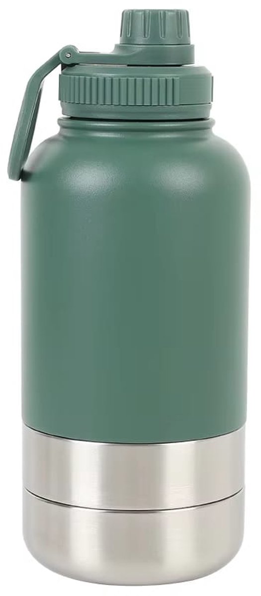 Honden drinkfles met voerbakken - Waterfles hond - Dubbelwandig - Thermosfles - Hondendrinkbak - Multifunctioneel - Hondenvoerbak - RVS Fles - Lekbestendige dop - BPA vrij - 1 Liter - Met handvat - Perfect voor onderweg
