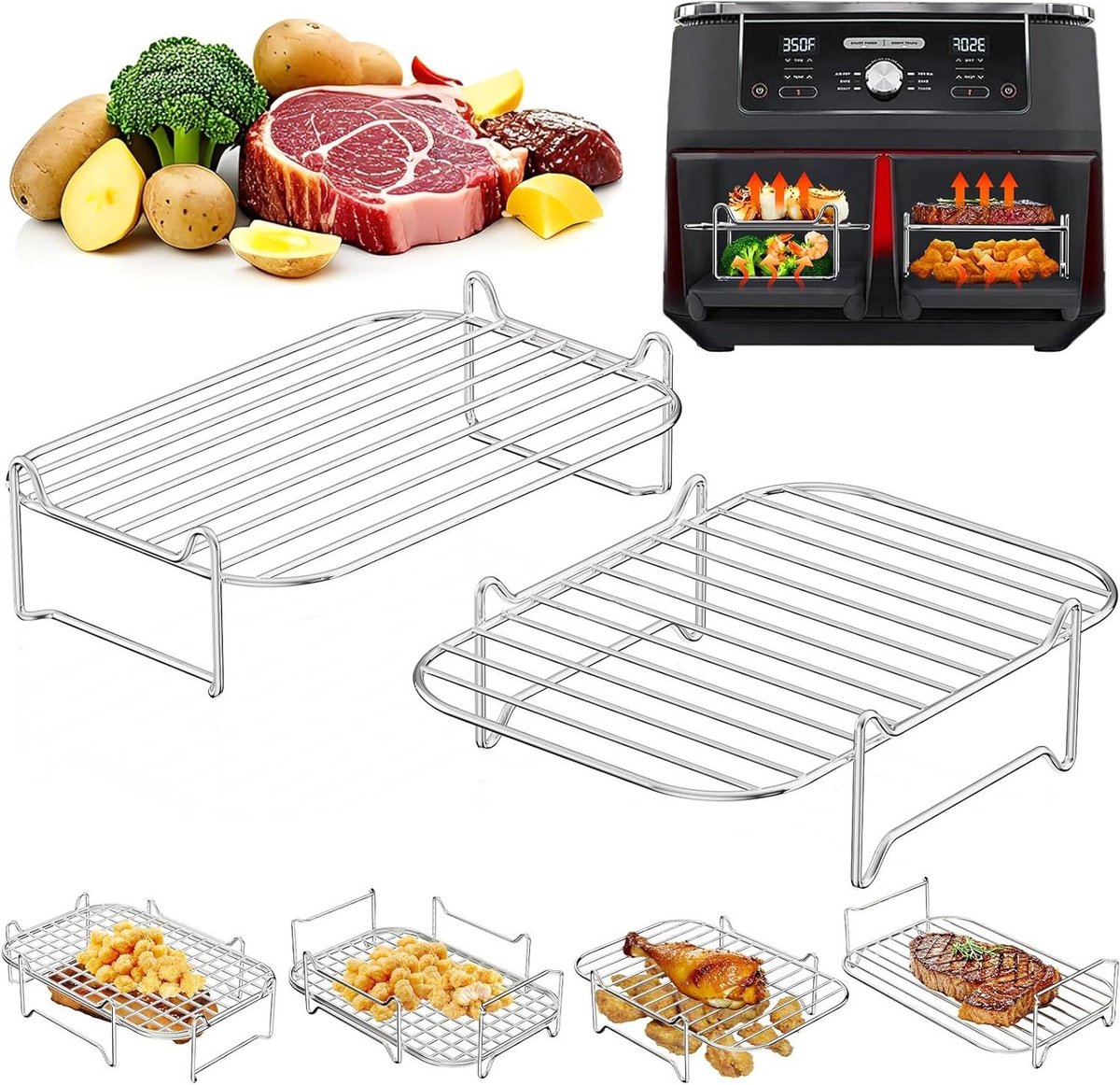 Stapelbaar Grillrooster - Dubbele Laag - Meer Koken - Roestvrij Staal - 7.6L - 10L - Zilver