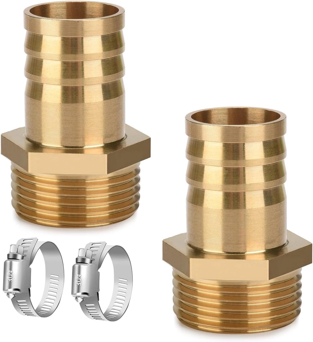 SnelShoppen - Pack van 2 Messing Slangkoppelingen 1 Inch, Slang Schroefverbinding 1 Inch AG x 32mm (1 1/4 Inch) met 2 Slangklemmen, Messing Slangconne