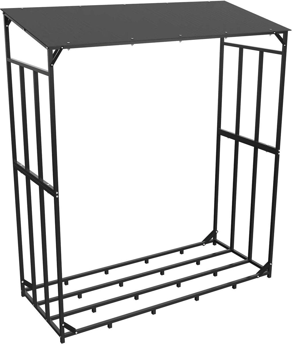 Venzor - Robuust Brandhoutrek met Dak – 156×60×176 cm – Zwart Metaal – Weerbestendig Houtopslagrek voor Buiten – 300 kg Draagkracht