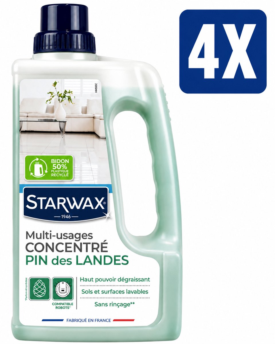 Starwax Allesreiniger Multi-Usages Pin des Landes 1 Liter - Set van 4 Flessen (4 L Totaal) - Geurverdrijver Ontvetter Zonder Bleekmiddel en Zonder Spoelen - Made in France