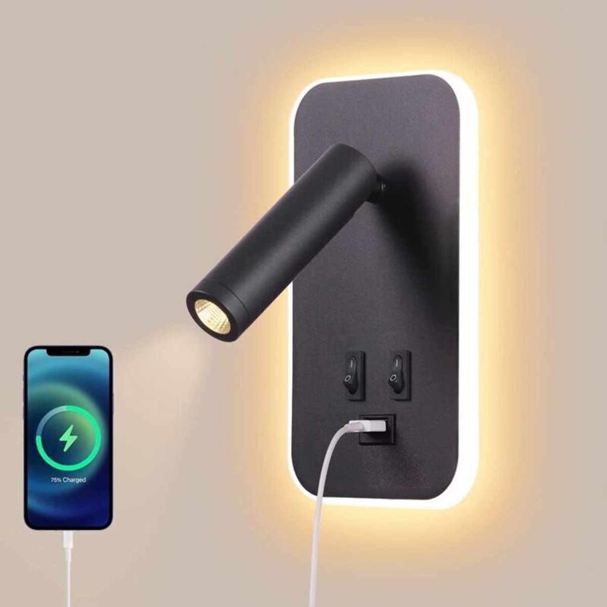 12W LED-wandlamp – Verstelbare sfeerverlichting – 5V/2A USB-opladen – Dubbel gecoat materiaal – 330° draaihoek