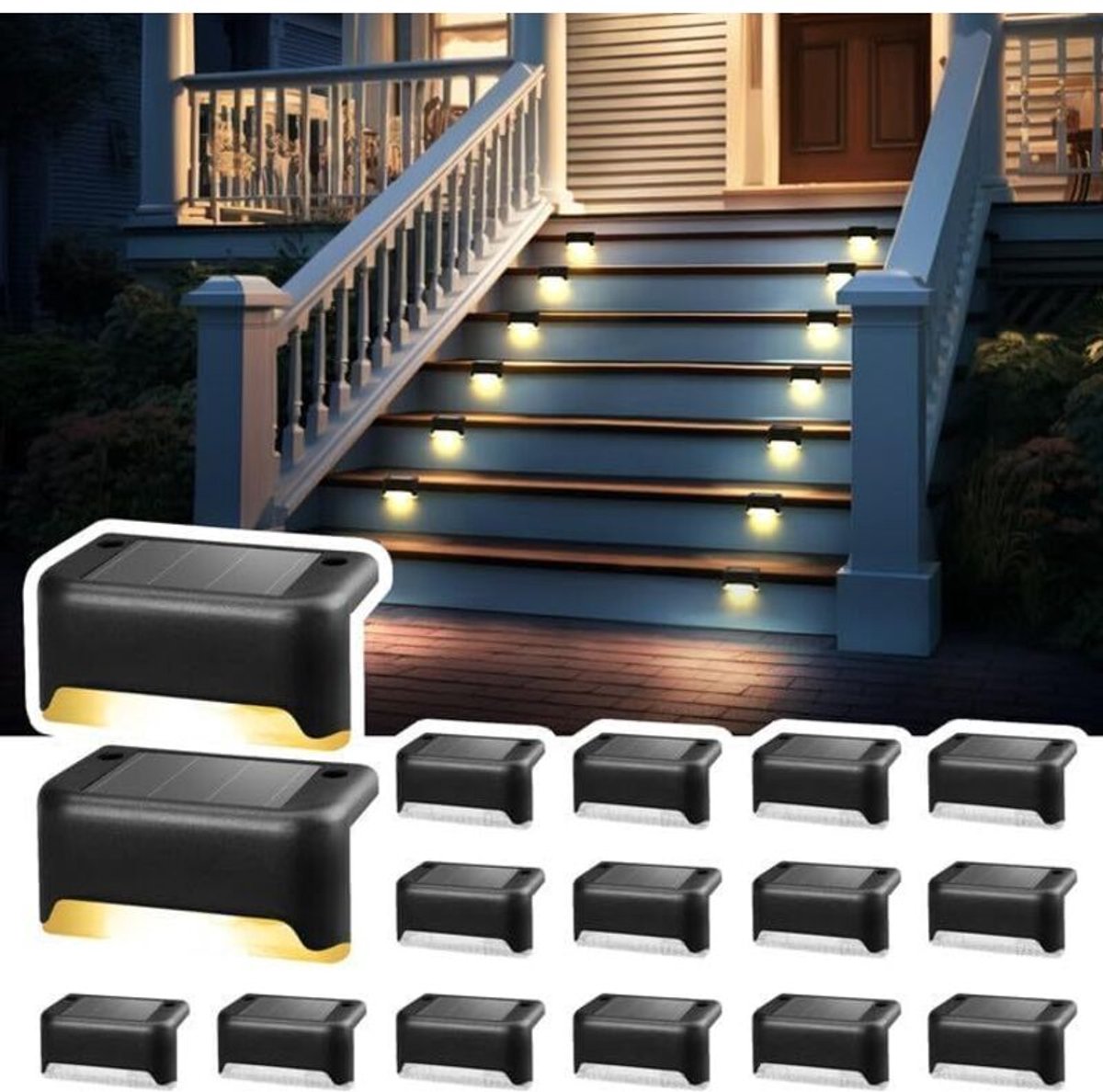 16-delige set LED-verlichting op zonne-energiegeschikt voor buiten - Waterdicht - geschikt voor buitentrappen, treden, hekken, terrassen, afvoeren, paden en decoratie. Verkrijgbaar in zwart en warm wit.