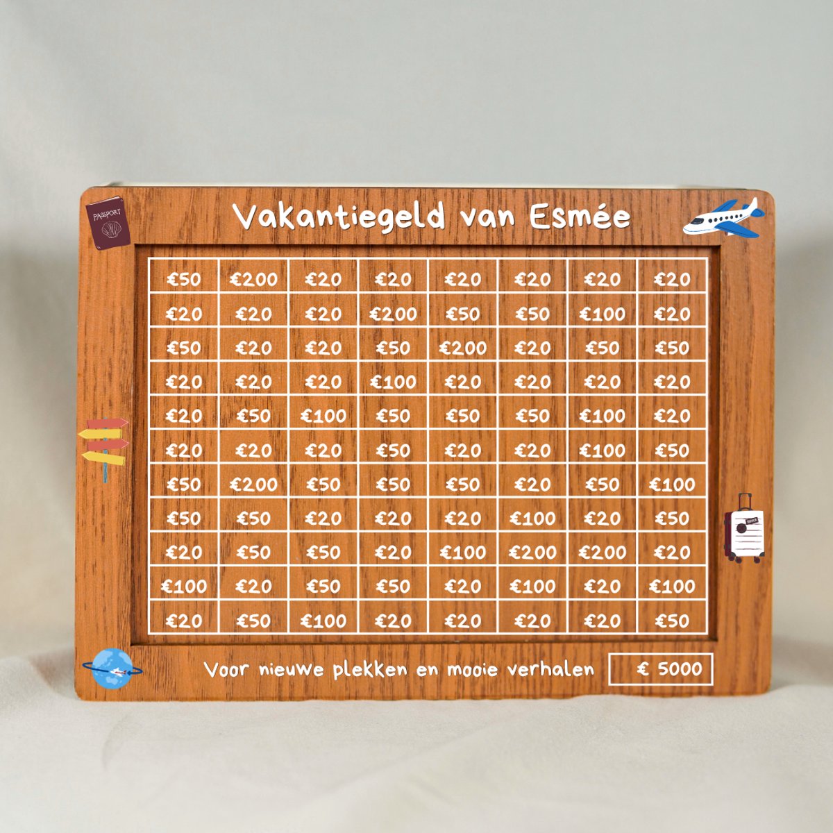 Gepersonaliseerde houten spaarpot met naam €5000 - Vakantie cadeau reizen - Vakantiegeld spaarpot