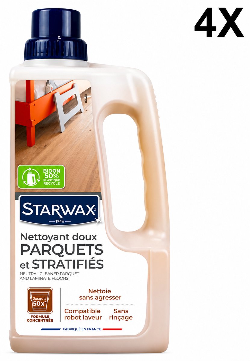 Starwax Zachte Geconcentreerde Reiniger voor Parket en Laminaat 1 Liter - pH-Neutraal Geen Spoelen Antislip - Verwijdert Vlekken zonder Vloer te Beschadigen - Made in France - Set van 4 Flessen (4 L Totaal) - Voordeelverpakking