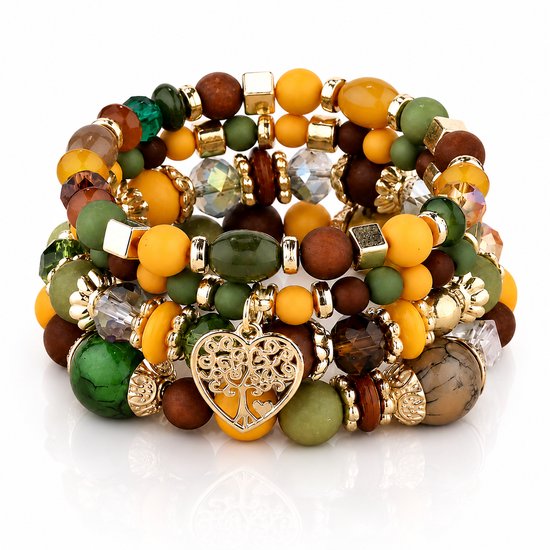 Luxamore® Kralenarmband Dames – 4-Delige Armbandenset Groen Bruin Goud – Boho Sieraden met Tree of Life Bedel – Cadeau voor Vrouwen