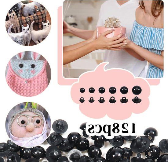 128 Stuks Veiligheidsogen en Haken 8 mm tot 15 mm Zwart Robuuste Dome Plastic Knopen voor Poppenmaken en DIY Creaties — afbeelding 4