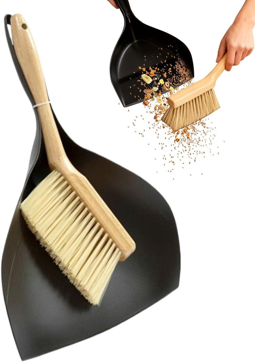 Mini Stoffer en Borstel - Kleine Bezem Set - Bureau Schoonmaken - Ergonomisch Houten Handvat