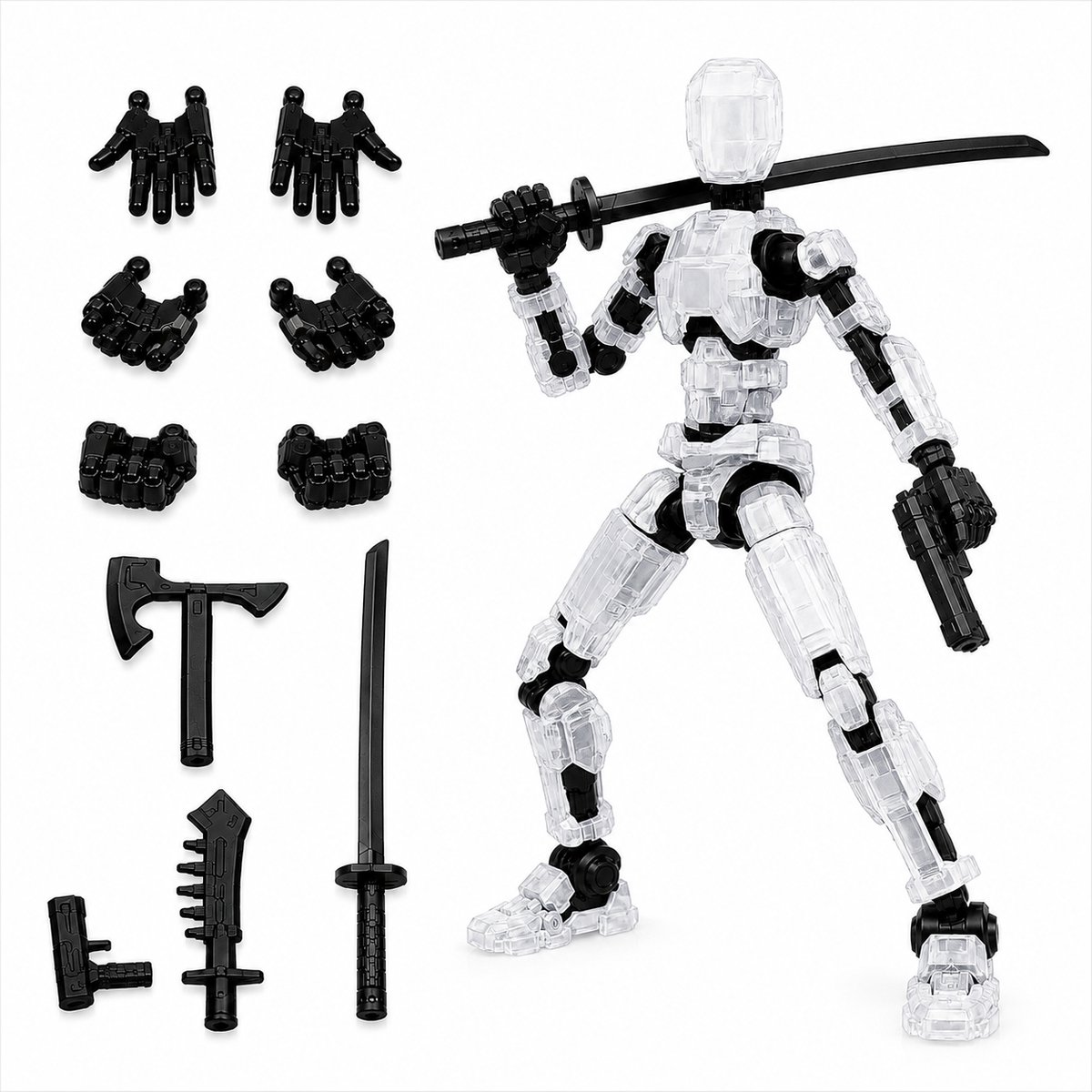 Enluxe Transparante T13 Stick Action Figure DIY – Flexibele Beweegbare Pop, Verwisselbare Handen en Speelgoedwapens, Creëer je Eigen Gevechtsscene, Perfect voor Kinderen en Verzamelaars