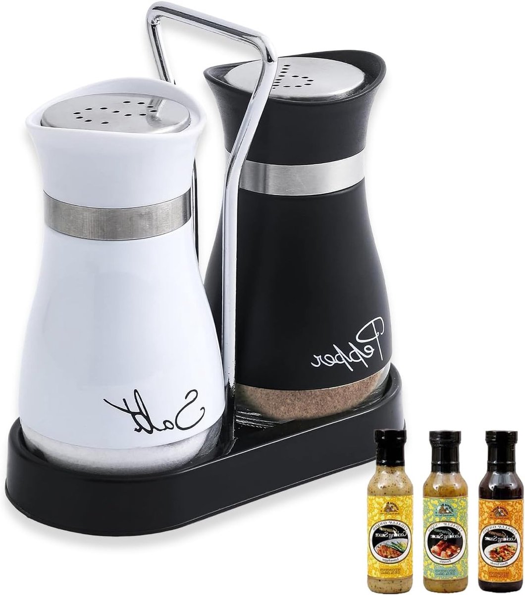 Set van Pepermolens en Zoutvaatjes, 120 ml, Glas en RVS, Ideaal voor Thuis, Restaurant en Kamperen, Modern Ontwerp in Zwart en Wit