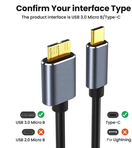 Externe Harde Schijf Kabel - USB C naar Micro-B - Snelle Data Overdracht - 3A Snelladen - 25 cm - Zwart — afbeelding 4