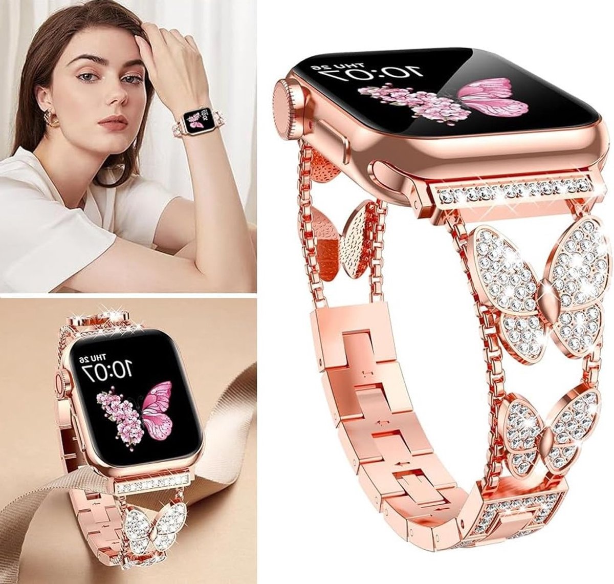 Elegante Kristallen Horlogeband voor Apple Watch SE en Series 1-9 - RVS Armband voor Dames met Diamanten Accent