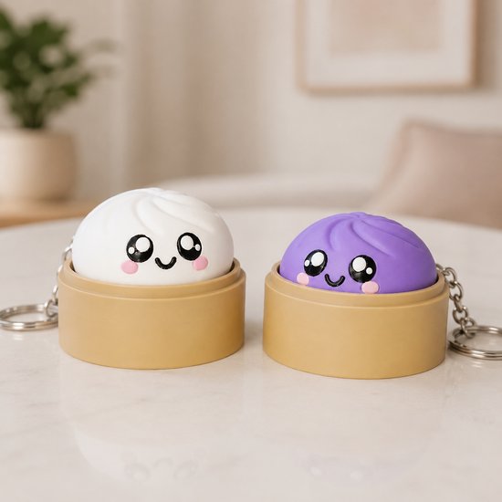 FUFU 2x Dumpling Clicker Sleutelhanger - Dumpling Sleutelhanger - Dumpling Keychain - Kawaii Fidget Clicker - Anti Stress Klikker - Wit en Blauw