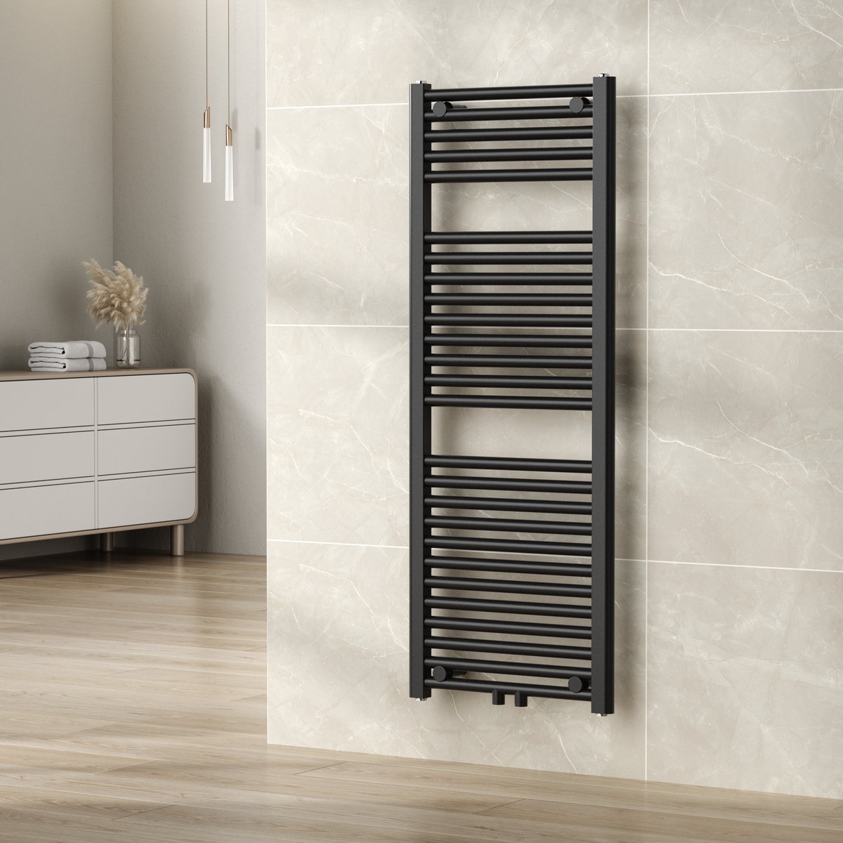Designradiator WEBO Arturo 180x60cm – Verticale Badkamer Radiator – Mat Zwart – Midden-/Zijaansluiting – Hoge Warmteafgifte - Inclusief aansluitset