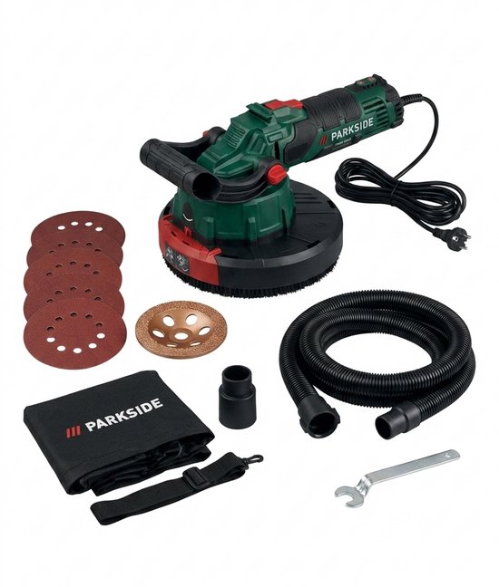 Parkside schuurmachine met accessoires: schuurschijven, stofzak, slang, mondstuk en sleutel.