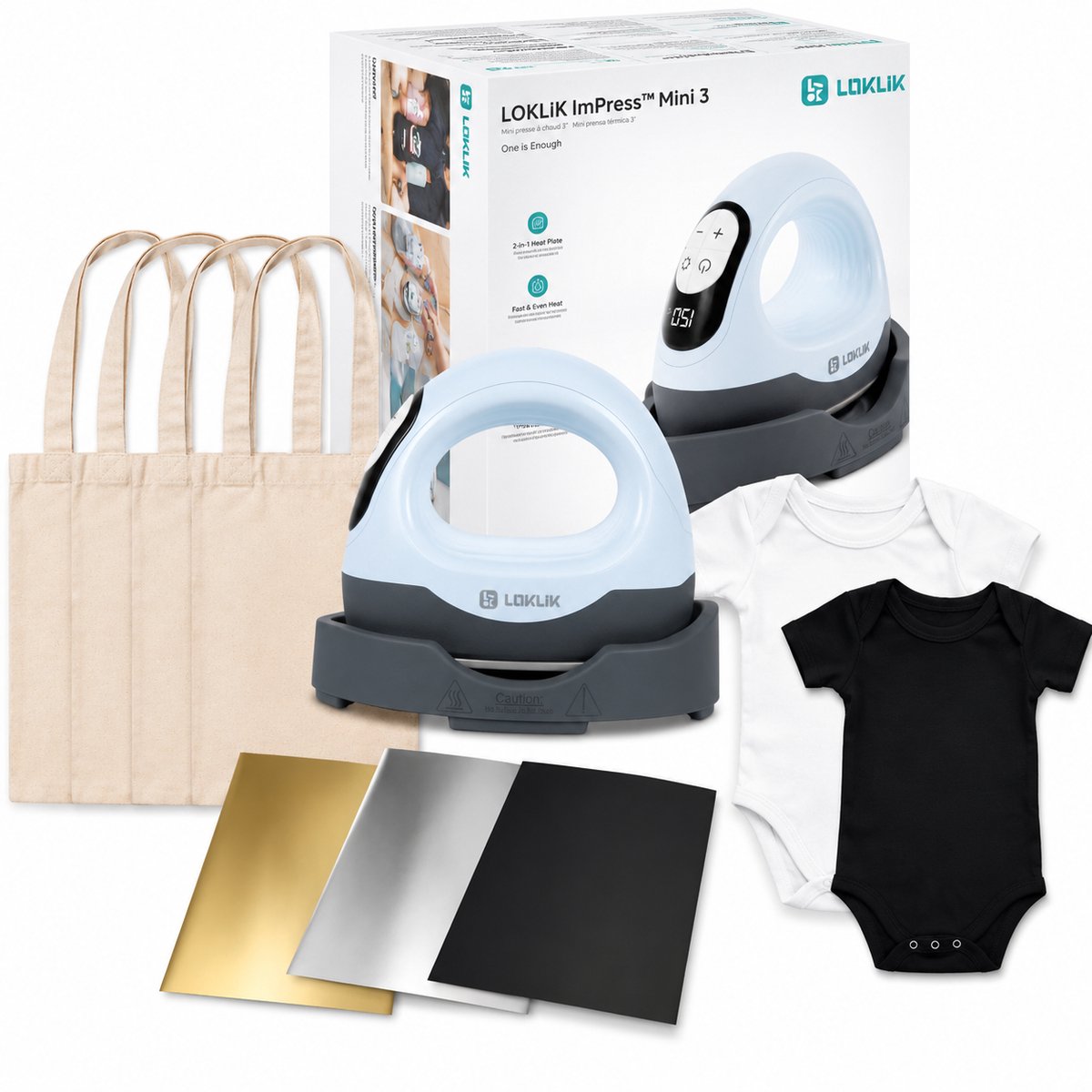 LOKLiK ImPress™ Mini 3 Blauw Voordeelpakket | 5 Tote Bags + 2 Baby Rompers + 3 Flexvellen