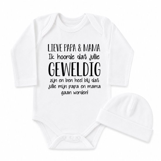 Baby rompertje met tekst Lieve papa en Mama Ik hoorde dat je geweldig bent en ben heel blij dat jij mijn  gaat worden! ... ontmoeten! | lange mouw | maat 50-56 | aankondiging bekendmaking zwangerschap cadeau voor liefste aanstaande opa oma oom tante