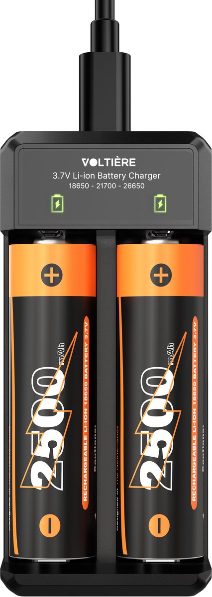 Voltière 2-Pack 18650 Oplaadbare Batterij + 2-Poorts Batterij Oplader 3.7V - CR18650 3,7V Li-ion 2500mAh - Button Top