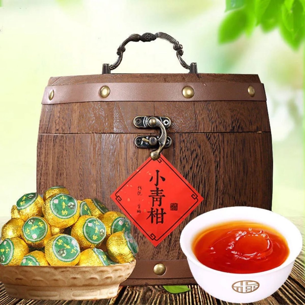 Luxe Houten Geschenkkist met Xiao Qing Gan Pu-erh Thee – Premium Gefermenteerde Chinese Thee in Groene Mandarijn