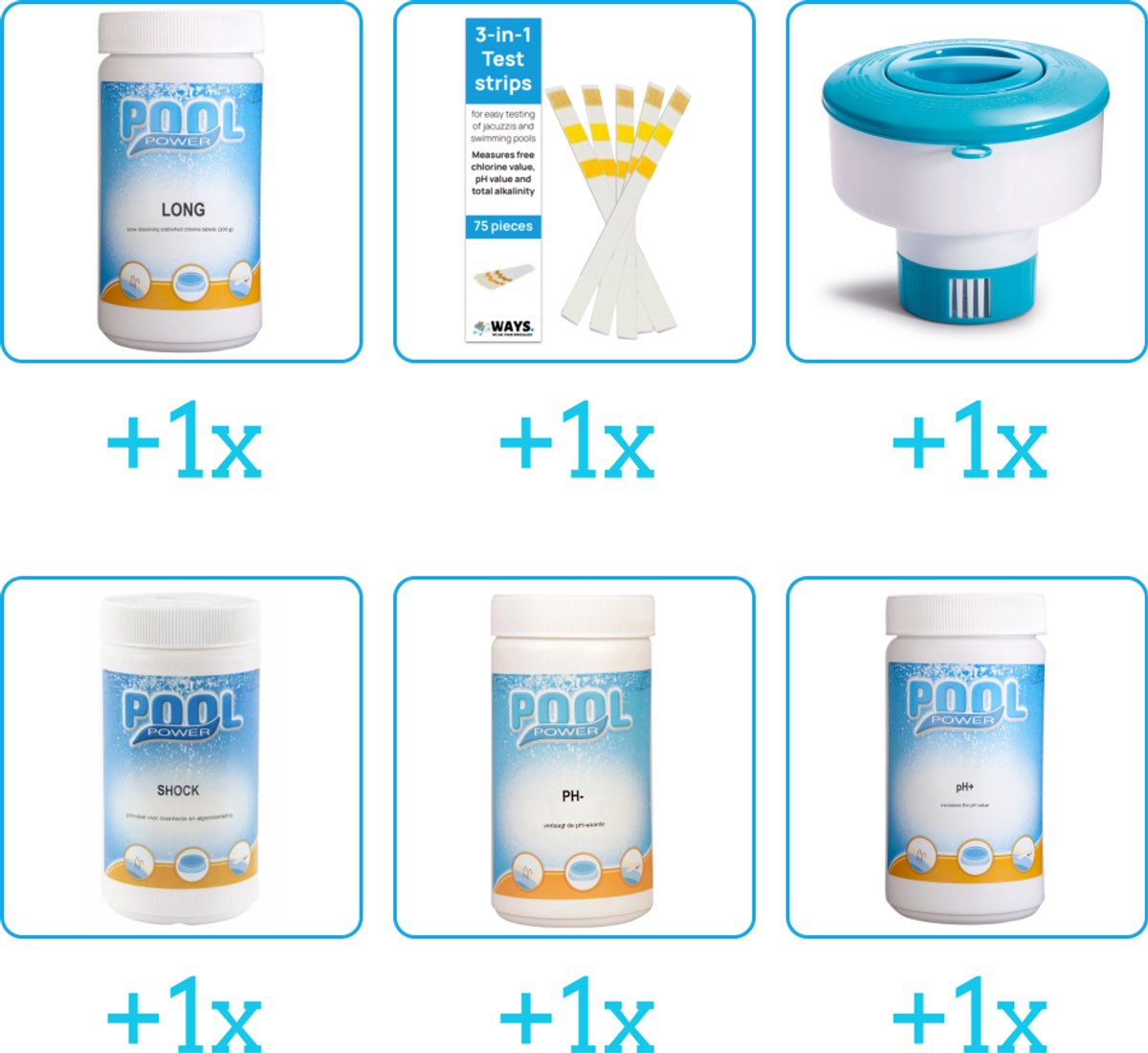 Zwembad Onderhoudspakket - Onderhoud Zwembad - bevat Chloor - Testrips - Chloordrijver - Chloor - PH-min en PH-plus (6-delig)