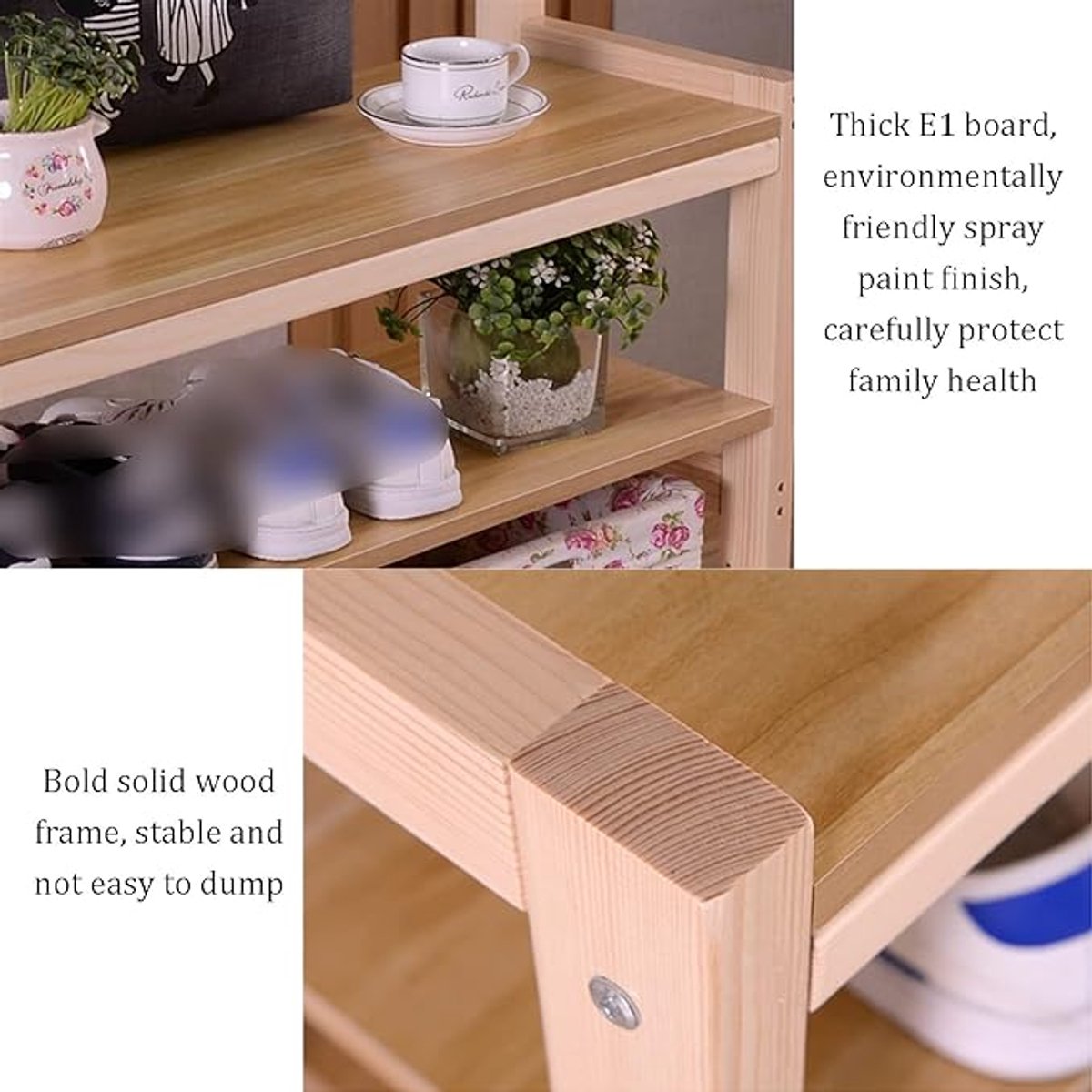Garderoberek 3-in-1 Kapstok met Schoenenrek en 4 Lagen Opbergrek van Massief Grenenhout – Multifunctionele Hall Tree met Dubbele Haken voor Hal, Slaapkamer en Kantoor – foto 4