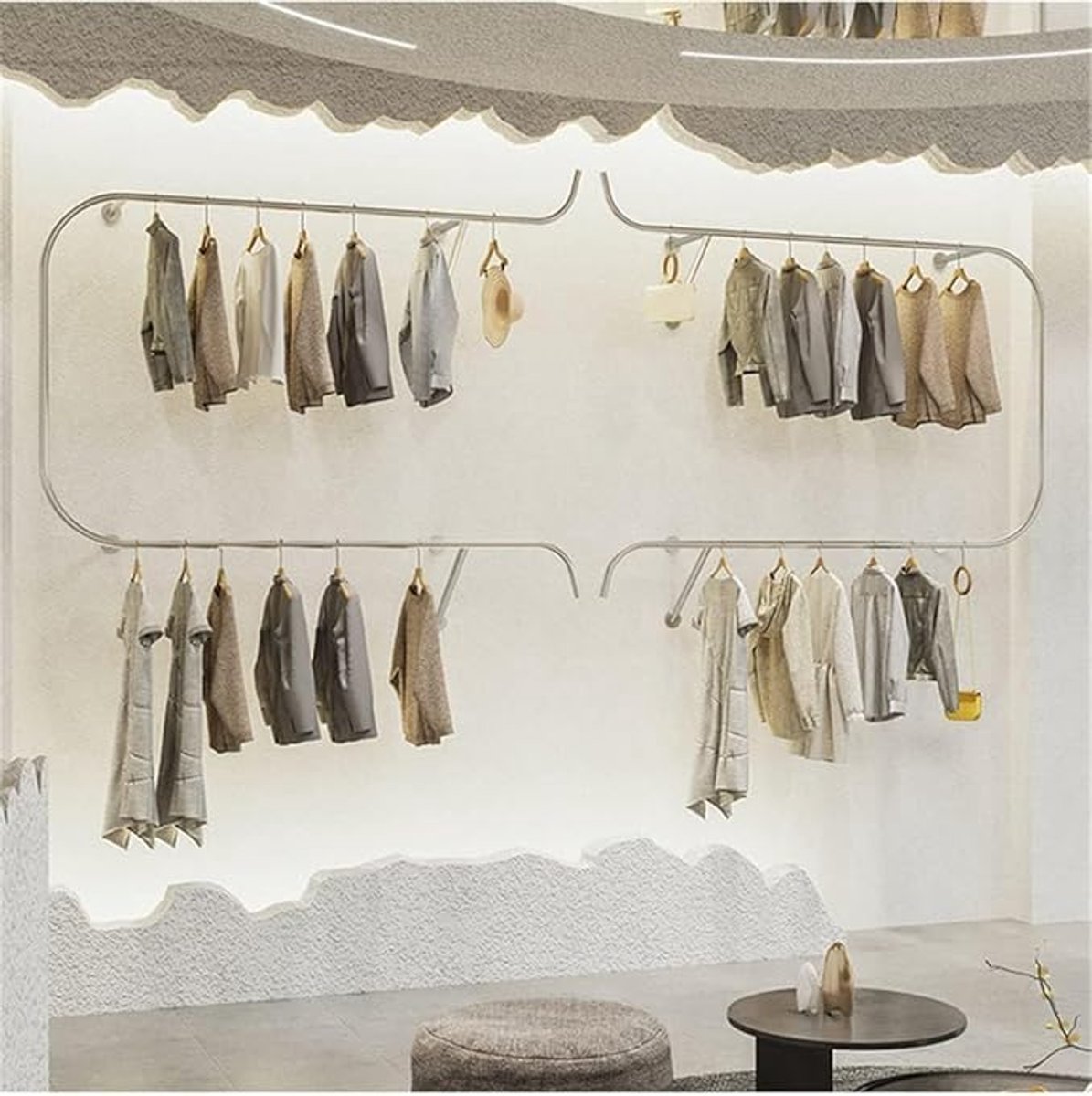 Wandgarderobe Industriële Kledingstang 300 cm – Wandgemonteerd Kledingrek voor Bruidsjurken, Boutique Presentatie, Winkelinrichting en Garderobe van Metaal – Zilver