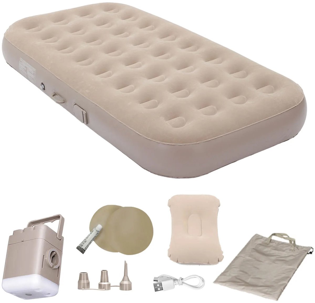Opblaasbaar Campingbed 1 Persoons - Luchtmatras met Ingebouwde Elektrische Pomp - Slaapmat voor Kamperen en Reizen - Verdikt PVC met LED Verlichting - Bruin - 190 x 100 x 25 cm - Opvouwbaar met Kussen en Opbergtas